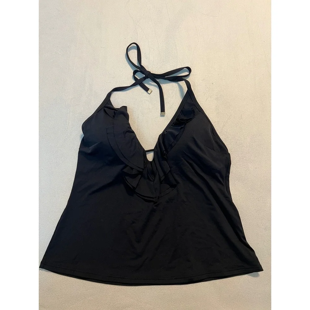 Michael Kors Womens Black Ruffle V-Neck Halter Tankini Swim Top Small MK Logo - Picture 1 of 11